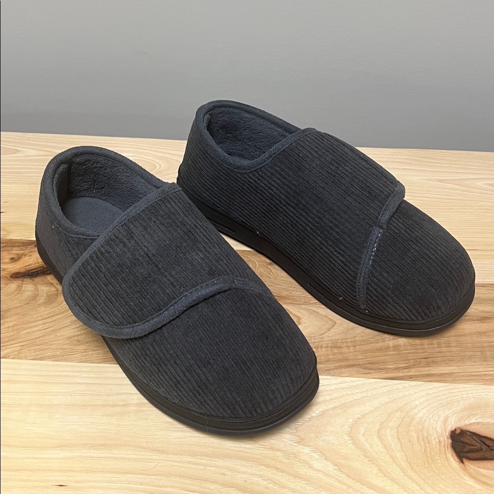 Gray Corduroy Slippers with Velcro Strap